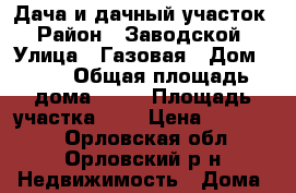 Дача и дачный участок › Район ­ Заводской › Улица ­ Газовая › Дом ­ 23 › Общая площадь дома ­ 12 › Площадь участка ­ 7 › Цена ­ 500 000 - Орловская обл., Орловский р-н Недвижимость » Дома, коттеджи, дачи продажа   